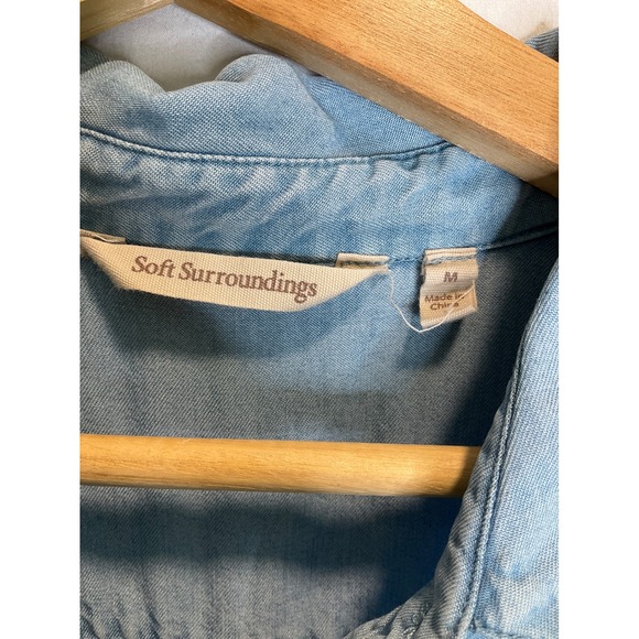 Soft Surroundings Blue Chambray Midi Button Up Shirt Dress Short Sleeve Pockets - Picture 3 of 5